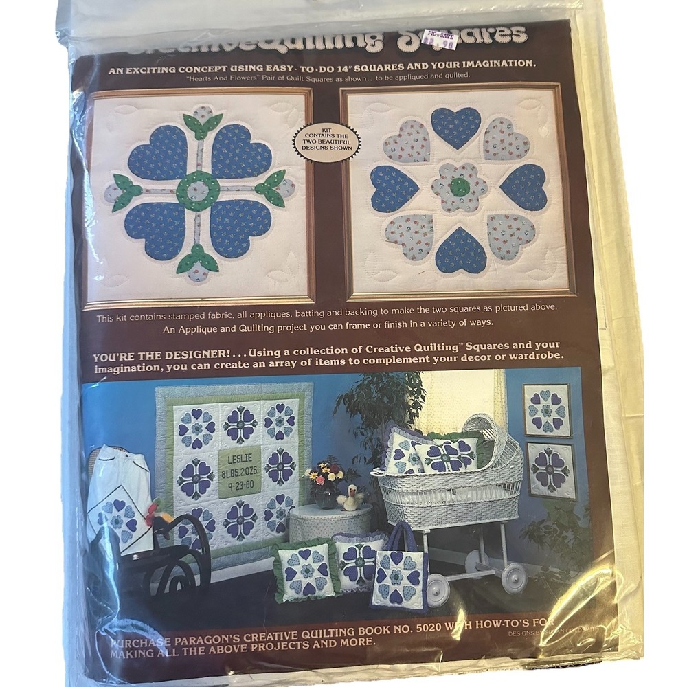 Vintage 80s Paragon Creative Quilting Squares Kit Blue Hearts‎ and Flowers New